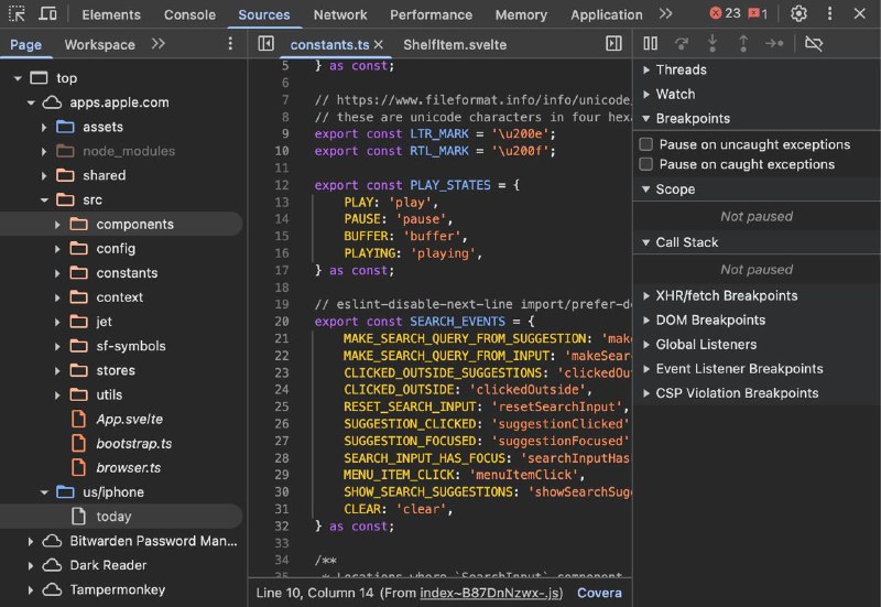 🍏 苹果 App Store 网站源码意外泄露，现已修复苹果在使用 Svelte 重构 App Store 网站（apps.apple.com）时，因忘记关闭生产环境导致全部前端源码意外泄露