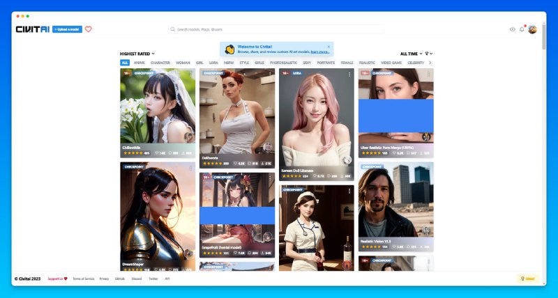 #AI #绘画 #NSFW #CGCivitAI - 一个AI模型分享社区📃网站支持筛选浏览，有18+内容，非常逼真AI生成的模型大多是基于Stable Diffusion，并且每个模型都给出了详细的生成参数，可以直接复制使用模型支持直接下载，部分模型支持Draw Things: AI Generation▶️运行模型- Apple设备：Draw Things: AI Generation- 未上线：Automatic 1111 Stable Diffusion Web UI